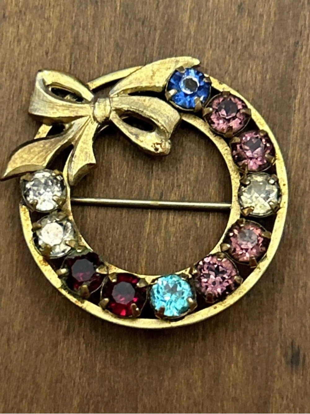 Brooch Wreath Bow Multi Color Crystals 12K GF Vintage Tru Kay Signed TK Gold